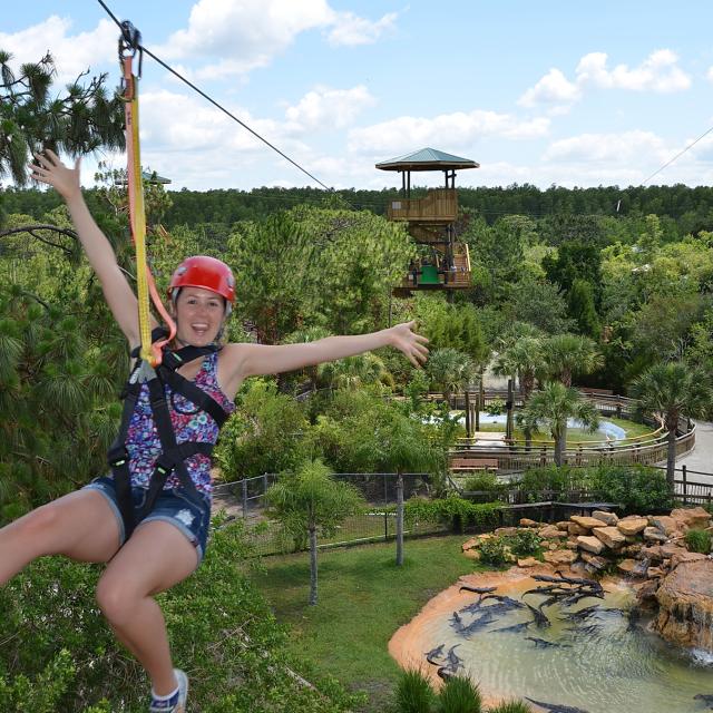 woman on the Screamin' Gator Zip Line at Gatorland