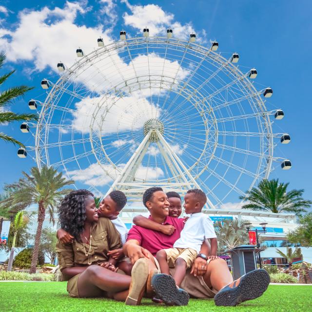 ICON Park family sitting on lawn in front of The Wheel