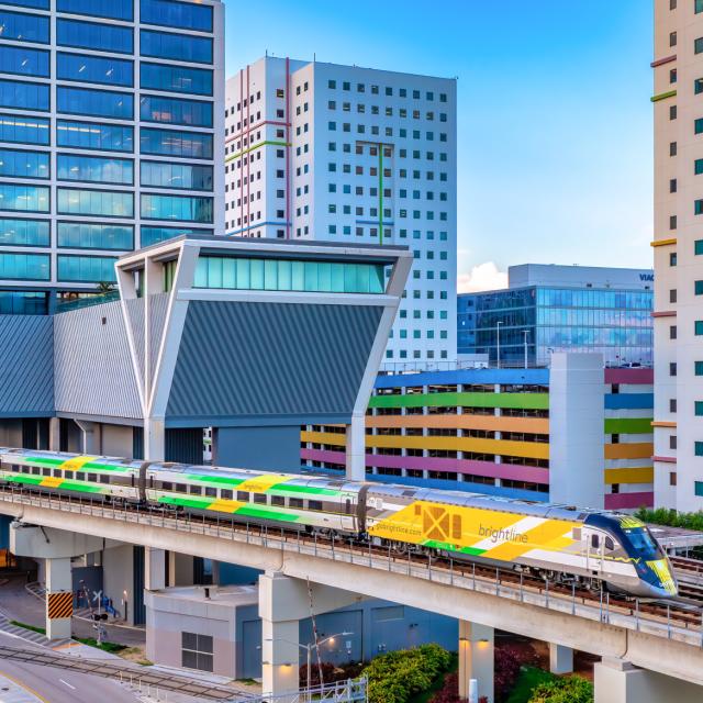 Brightline train in city