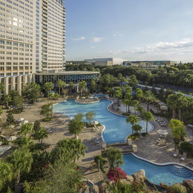 Hyatt Regency Orlando aerial view of the hotel and swimming pool