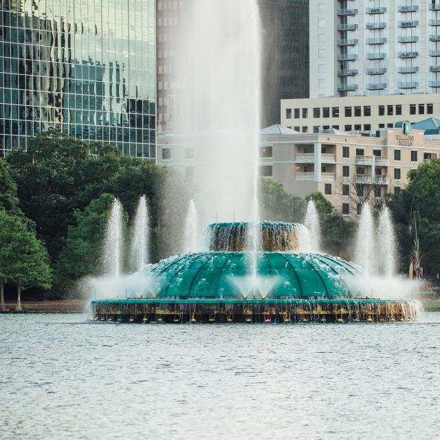 Downtown Development Board swan boat by fountain at Lake Eola