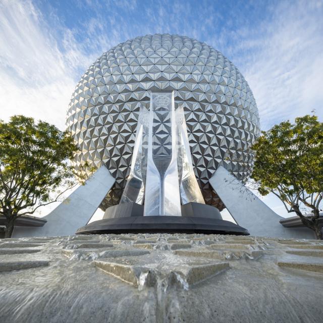Water feature in front of Spaceship Earth at Epcot®