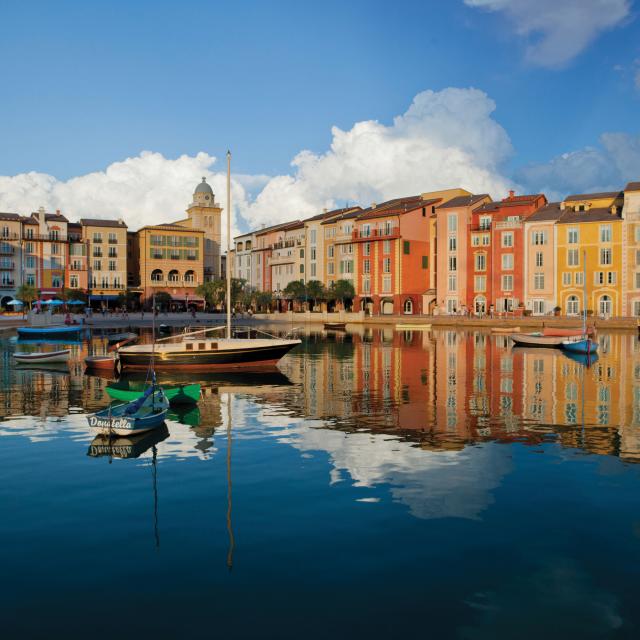 Loews Portofino Bay Hotel at Universal Orlando exterior with lake