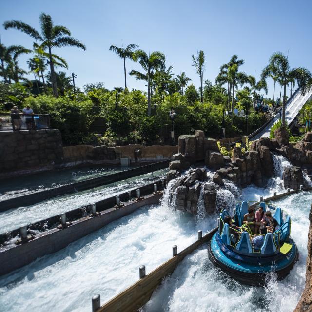 Family on Infinity Falls raft ride at SeaWorld Orlando