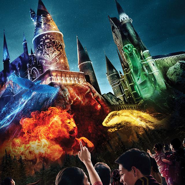 Hogwarts lit up at night at Wizarding World of Harry Potter Hogsmeade at Universal's Islands of Adventure