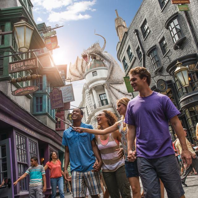 People walking through the Wizarding World of Harry Potter Diagon Alley at Universal Studios Florida
