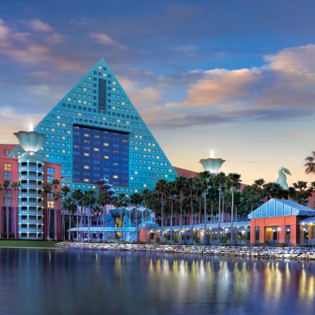 Walt Disney World Swan and Dolphin Resort exterior at night