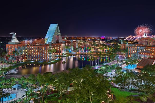 Night resort overview with fireworks of Walt Disney World Swan and Dolphin Resort