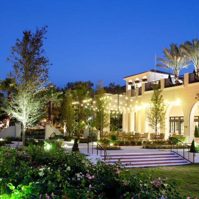 The Alfond Inn exterior with lights during evening